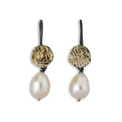 By Birdie Mani Coin Pearl Drop Rhodineret Sølv Øreringe med 14 Karat Guld Og Perle